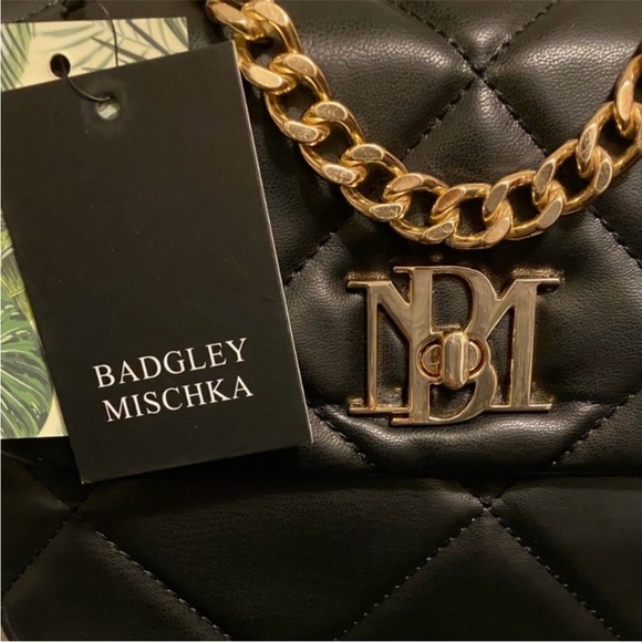 Badgley Mischka Black Gold Chain Quilted Crossbody Bag NWT - Picture 6 of 13